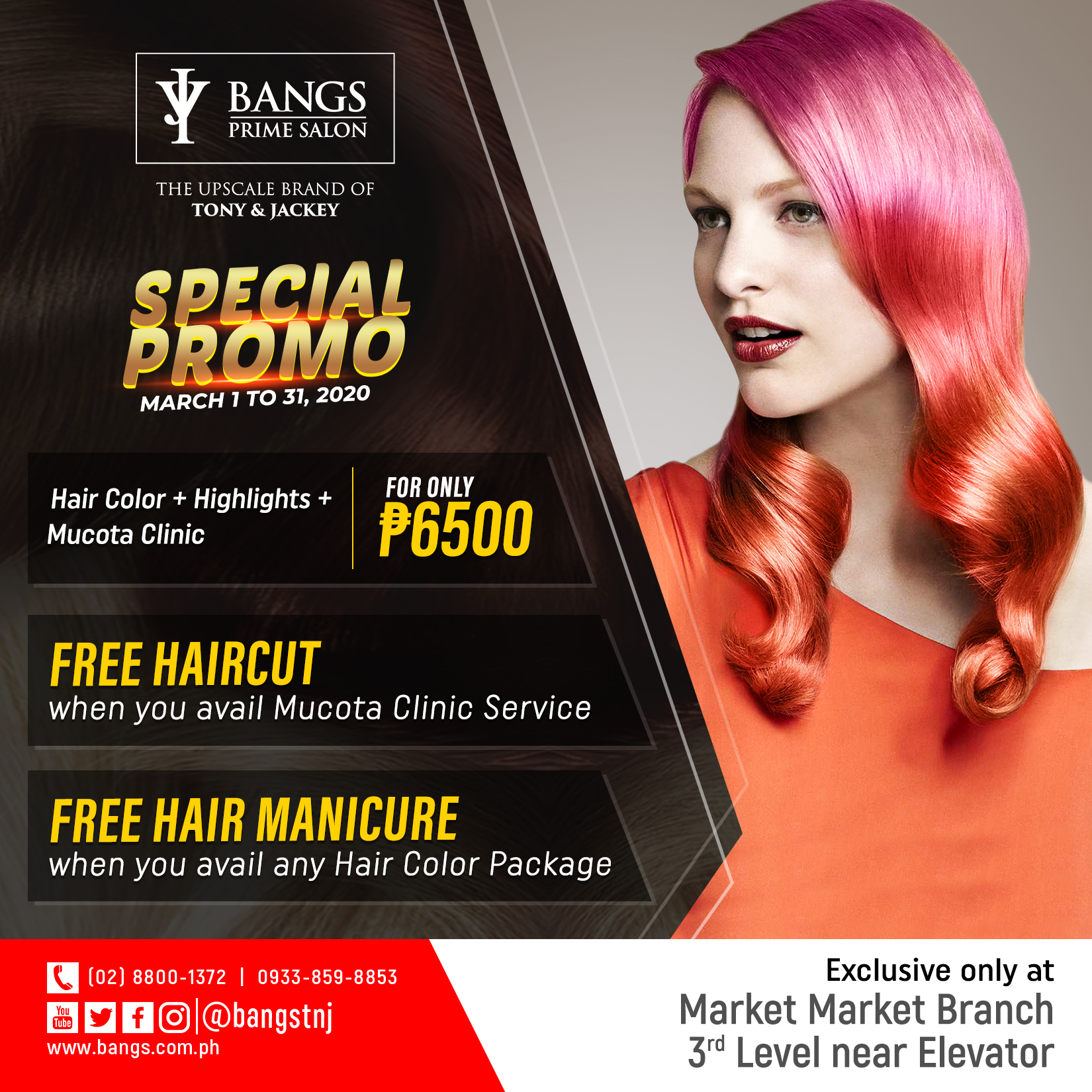 Bangs Prime Salon by Tony & Jackey on Twitter: "Special Promo! Get Hair  Color Package for P6500 and Free Haircut when you avail Mucota Clinic and  Free Hair Manicure when you avail