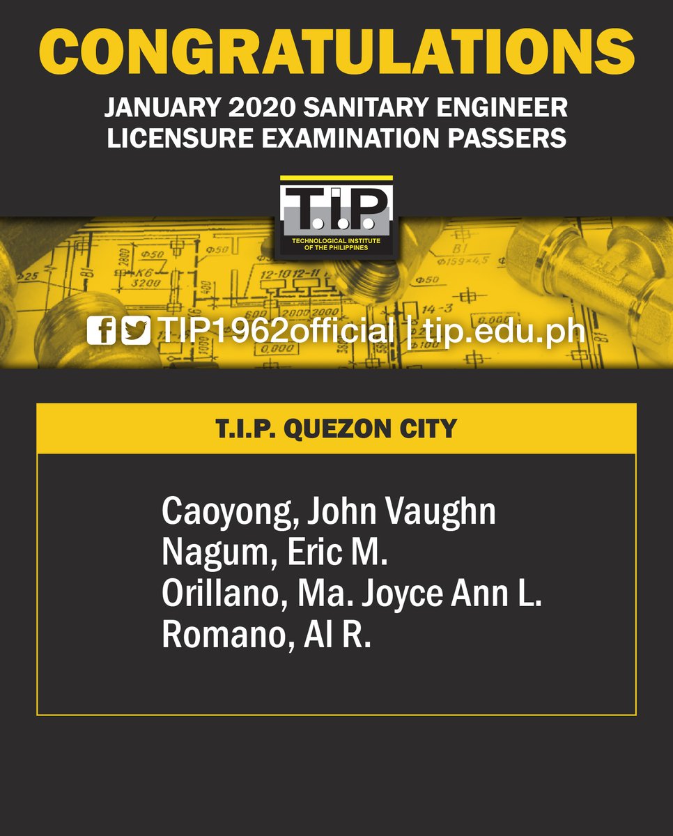 TIP1962official's tweet photo. Congratulations to the new T.I.P. engineers who passed the January 2020 Licensure Examination for Environmental and Sanitary Engineering!
We wish you the best in your career!
#TIPpride
#TIPtribe https://t.co/JutnyOc1WC