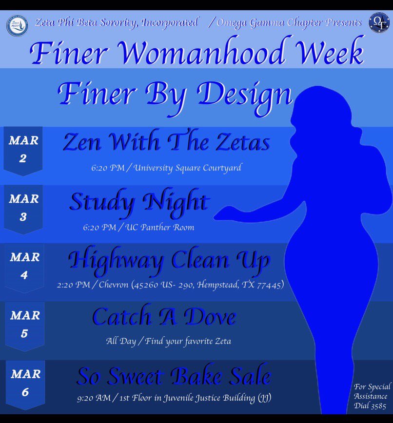 TheRealKayVeee's tweet photo. Mark Your CalendarZ! We are going to be booked and buZy THIS week for Finer Womanhood Week 💙🕊 #ZetaPhiBeta #100YearsOfFiner #FinerByDesign #PVAMU https://t.co/d4pKLuGVDG