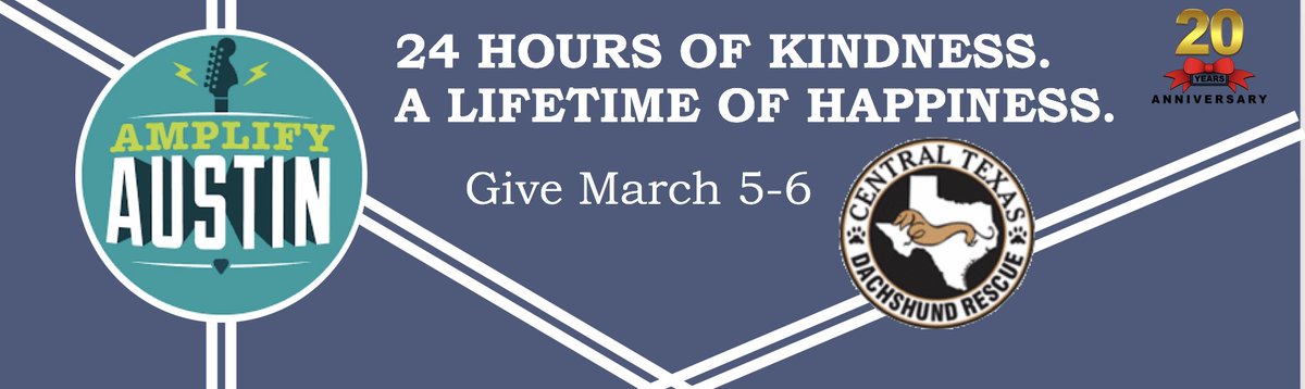 CTDR's tweet image. Show your kindness with a donation to CTDR during Amplify Austin’s 24 hours of giving this Thursday at 6 pm-Friday at 6 pm.  We are celebrating our 20th year of rescue-help us provide a lifetime of happiness for dogs that need our help! #ctdr #AmplifyCTD #AmplifyAustin