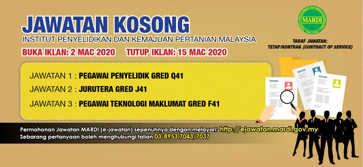 IKLAN JAWATAN KOSONG - MARDI mempelawa warganegara Malaysia yang berkelayakan, mengisi kekosongan jawatan berikut: • PEGAWAI PENYELIDIK Q41 • JURUTERA J41 • PEGAWAI TEKNOLOGI MAKLUMAT F41 Permohonan dan keterangan lanjut: ejawatan.mardi.gov.my