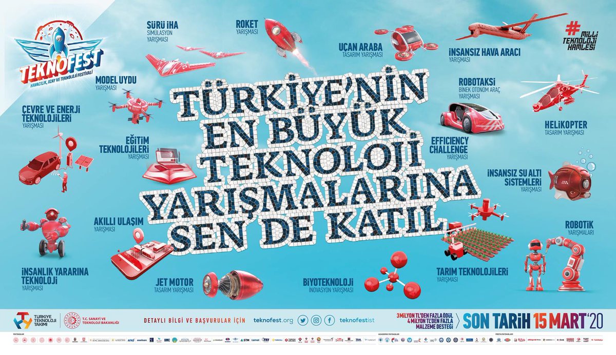 Tubitak's tweet photo. Geleceğini yazan bağımsız ve güçlü bir Türkiye için! 🇹🇷

📣 #TEKNOFEST Teknoloji Yarışmaları son başvuru tarihi yoğun talep nedeniyle 15 Mart'a kadar uzatıldı! 

#MilliTeknolojiHamlesi 

@teknofestist https://t.co/skS08p7Tvv