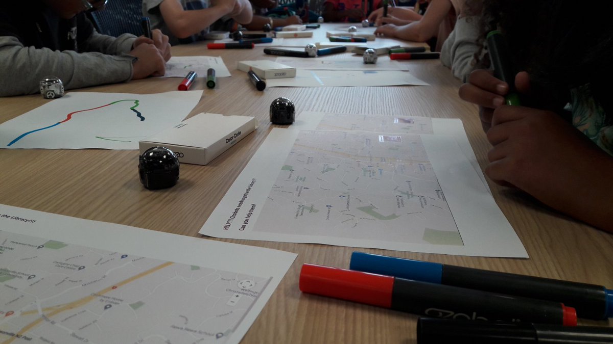 EiriniAntonog's tweet photo. We used #GoogleMaps for our #Ozobot session today to practise drawing & following lines. Can you help #Ozobots get to #JohnsonvilleLibrary? Afterwards, we used the "Drive to school" lesson plan from #OzobotEdu and we had so much fun! #creativity #brainstorming #makerspace https://t.co/tIXjS0EOE1