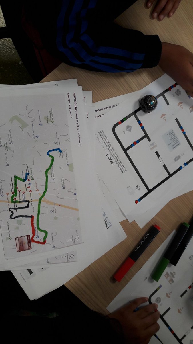 EiriniAntonog's tweet photo. We used #GoogleMaps for our #Ozobot session today to practise drawing & following lines. Can you help #Ozobots get to #JohnsonvilleLibrary? Afterwards, we used the "Drive to school" lesson plan from #OzobotEdu and we had so much fun! #creativity #brainstorming #makerspace https://t.co/tIXjS0EOE1