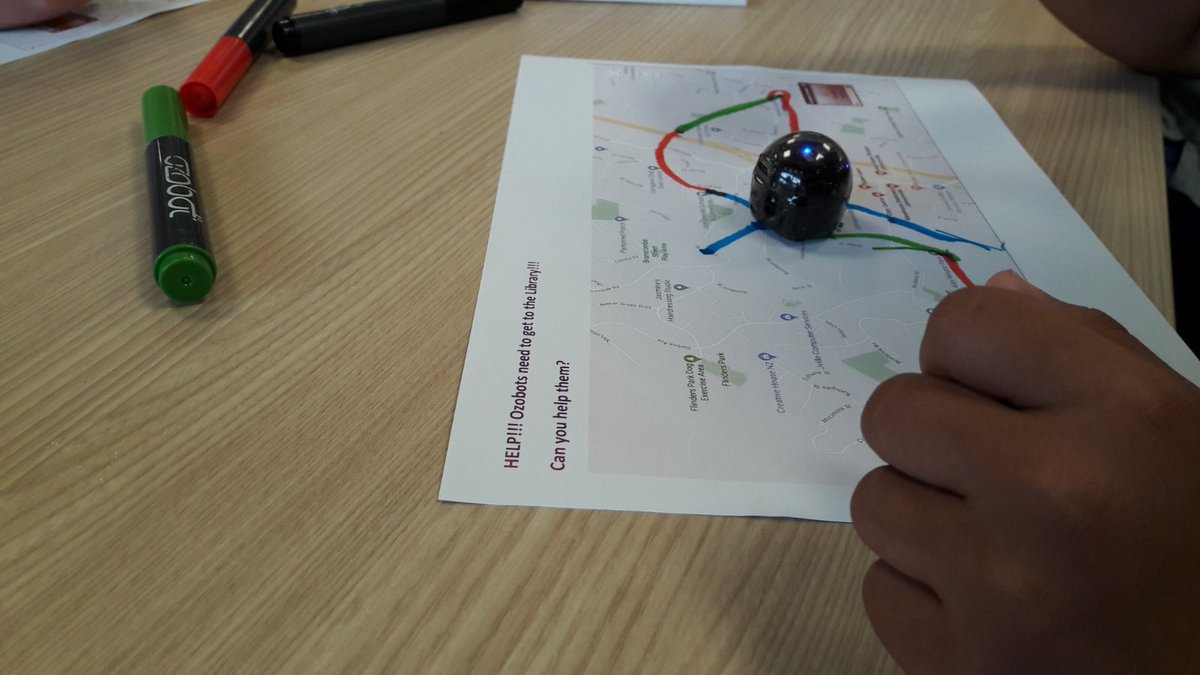 EiriniAntonog's tweet photo. We used #GoogleMaps for our #Ozobot session today to practise drawing & following lines. Can you help #Ozobots get to #JohnsonvilleLibrary? Afterwards, we used the "Drive to school" lesson plan from #OzobotEdu and we had so much fun! #creativity #brainstorming #makerspace https://t.co/tIXjS0EOE1