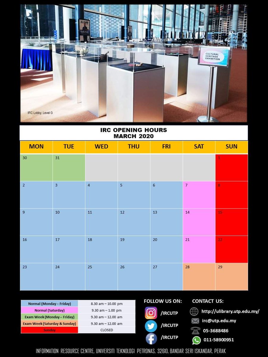 IRCUTP's tweet photo. IRC Opening Hours - March 2020
.
IRC Opening Hours for Study/ Exam Week as below :
(*Starting 28 March 2020 - 25 April 2020 )
Mon - Fri : 8.30 am - 12.00 am
Sat & Sun : 9.30 am - 12.00 am
.
#LetsgotoIRC #UTPinme #ircutp #utpirc #library #irc https://t.co/Llba8s9EdL
