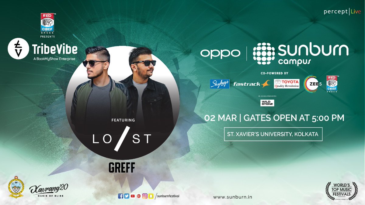 TribeVibeLive's tweet photo. #OppoSunburnCampus #RedChiefTribeVibe #TribeVibeAtXavrang #TribeVibeAtXaviers
#SunburnCampus Ft. @TheLostStories and @iamgreff at #Xavrang, St. Xavier's University, #Kolkata this 2nd of #March 🔥
RSVP: https://t.co/UbLgHqrrmn
@SunburnFestival #RedChief #BookMyShow #TribeVibe https://t.co/WrAhfd8YJl