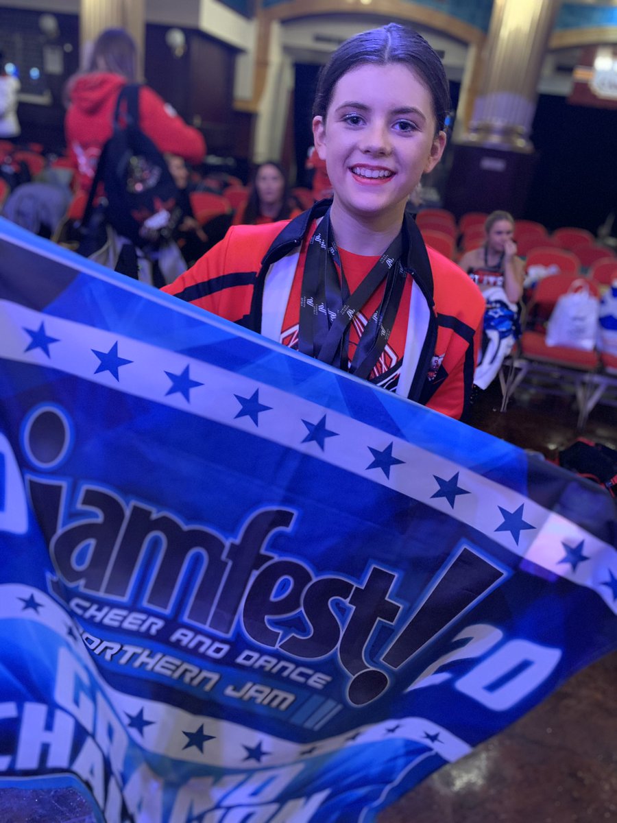 grahasuz's tweet photo. Lola has a great weekend @JAMfestEurope and I have to share this photo! I am so proud of her ❤️ #grandchamp #cheerleading #pom #hiphop #phoenixflames #blackpool #northernjam https://t.co/G52YVIbvUA