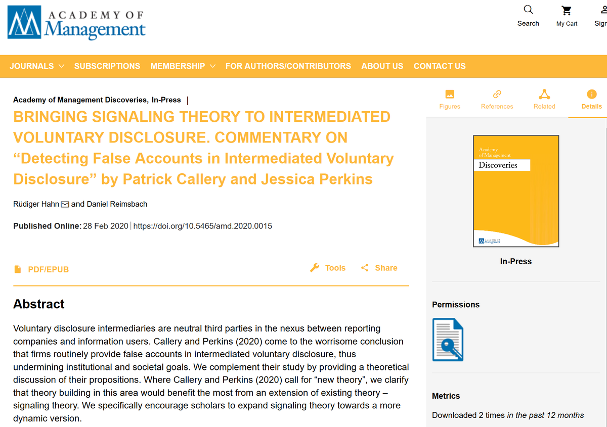 rudiger_hahn's tweet photo. Callery & Perkins (2019) showed that companies routinely provide false accounts to @CDP
in voluntary discosure. D. Reimbach and I discuss these findings in light of #signalingtheory in our new piece in @AOMConnect
Discoveries. https://t.co/4V4QfMguGn #sustainabilityreporting https://t.co/K5QMOKxUbS