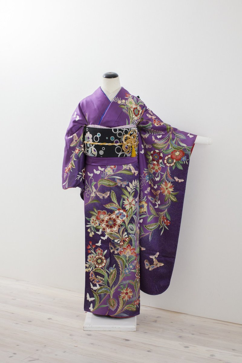 ただきます 振袖 正絹 紫 花柄 蝶々 着物 +袋帯 dE629-m98822674935