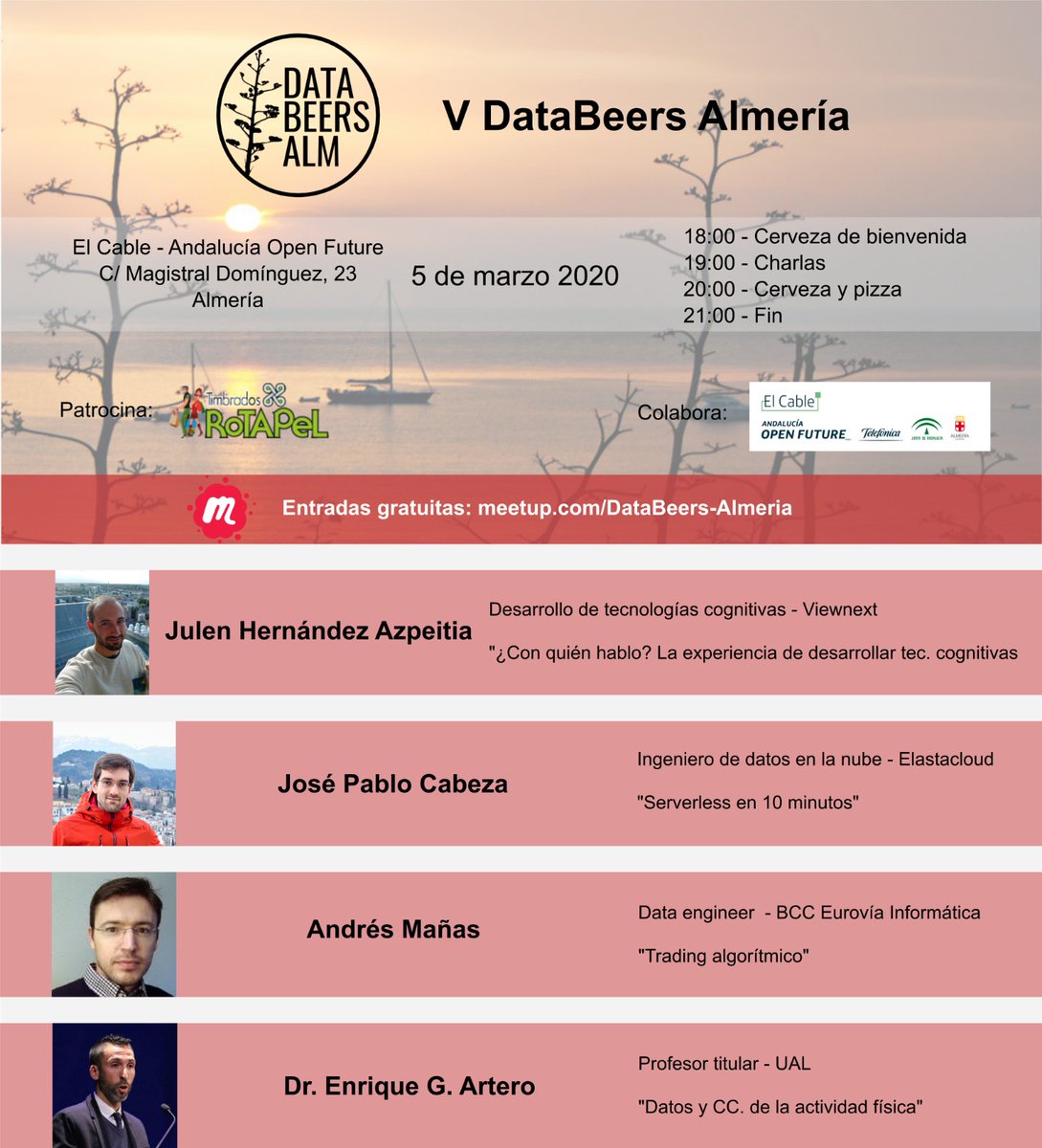 🗓 Jueves 5/3 

➡ Y en #ElCable (Almería) los amigos de <a href="/databeersalm/">DataBeersALM</a> organizan la nueva edición de este encuentro en la que aprender sobre #datos. ¡Apúntate! 

meetup.com/es-ES/DataBeer… cc <a href="/aytoalm/">Ayuntamiento de Almería</a>