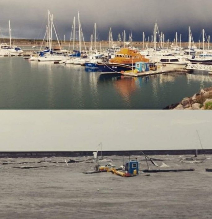 It's 2 years today that we woke up to the devastation that #StormEmma had left behind her. The day after the night before, when our crew risked life & limb to save the lifeboat we cherish. #Holyhead marina went from the top image to the bottom one. 😥#RNLI #Anglesey  #volunteers