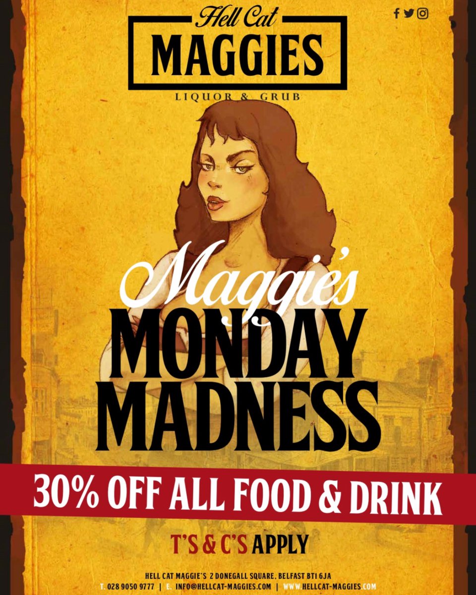 ⭐30% OFF ALL FOOD &amp; DRINK ALL DAY⭐
⭐MAGGIE'S MONDAY MADNESS⭐
⭐30% OFF ALL FOOD &amp; DRINK ALL DAY⭐
#BARGAIN #GREATDEAL #MONDAYMADNESS #HELLCATMAGGIES #VISITBELFAST #LOVEBELFAST