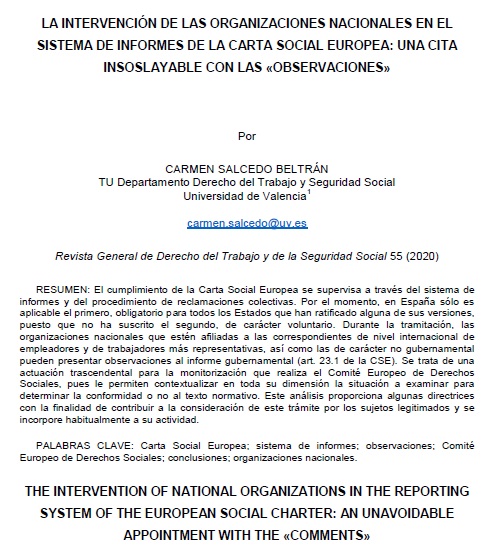 CarmenSalcedoBe's tweet photo. My article RGDTSS (Iustel, 2020, 55) "La intervención de las organizaciones nacionales en el sistema de informes de @social_charter: una cita insoslayable con las «observaciones»" #ONG #UGT #CCOO #NGOs #reportingsystem #comments Deadline 30-6! https://t.co/VGIRdgwD3D https://t.co/OGvjL5pGRJ