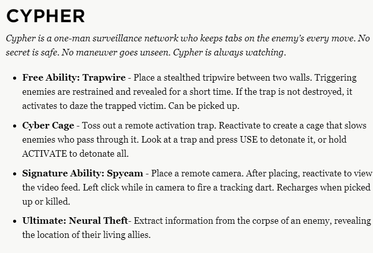 SilasLeaks's tweet photo. Valorant Character Preview: CYPHER

 · Trapwire 
 · Cyber Cage 
 · Signature Ability: Spycam 
 · Ultimate Ability: Neural Theft

#Valorant #ValorantGame #ValorantNews #ProjectA 
@PlayVALORANT https://t.co/qMNxqBMjHH