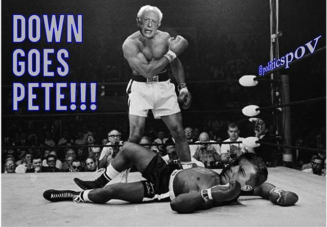 PoliticsPOV1's tweet photo. Pete goes down!! Pete goes down!! Pete drops outs!! His flip flop, fake, un-ingenuous gets knocked out by Bernie who fights for the 99 percent. By Bernie who fights for us. ( this is in no way a jab or disrespect to Sonny Liston, only using this iconic i… https://t.co/LJwRQlTGl6 https://t.co/AM6pDBVlJr