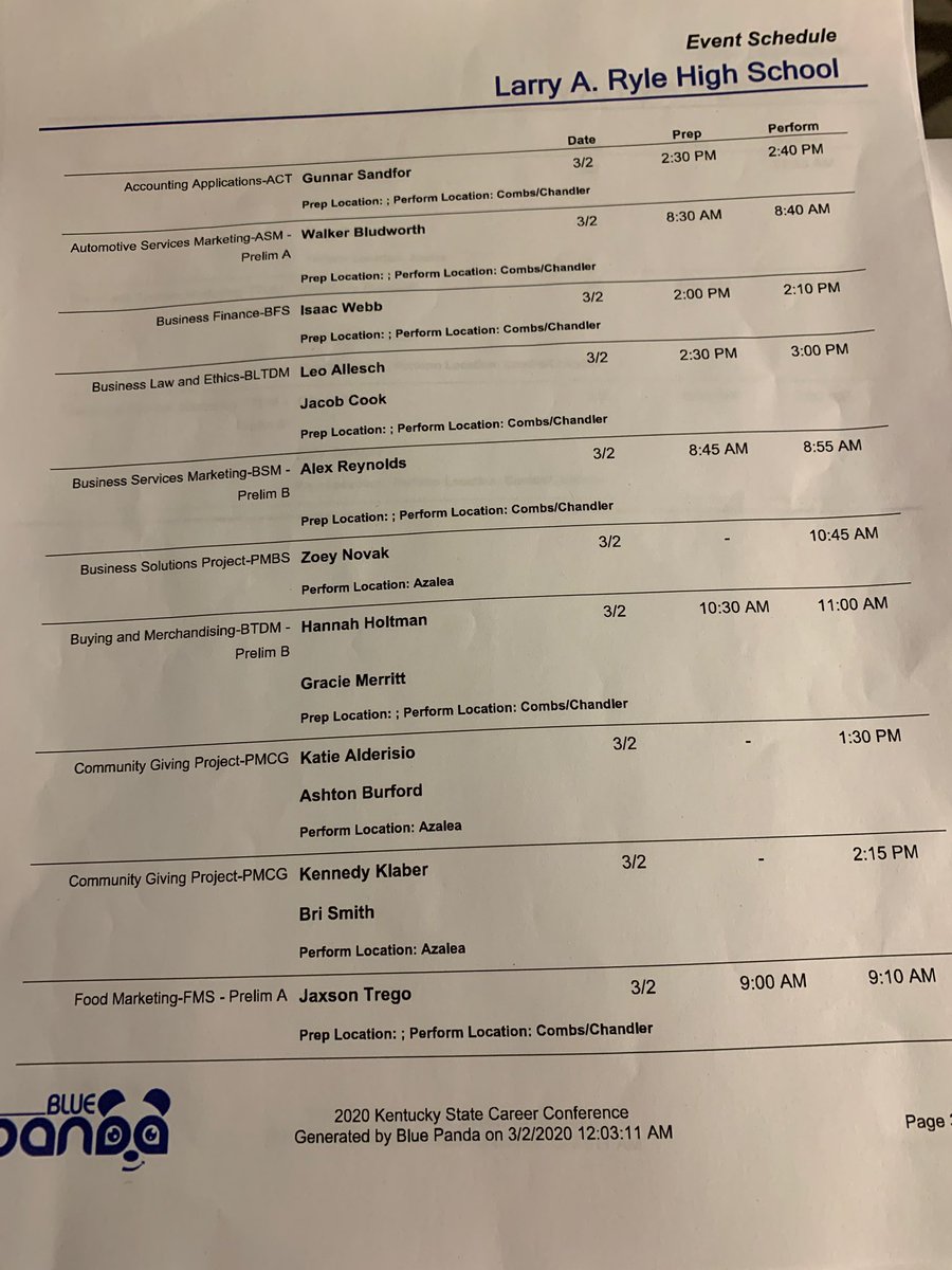 Competition times! Remember to show up 30 minutes early