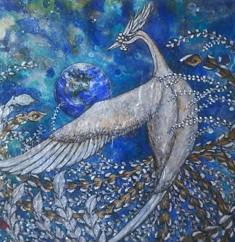 #3月になったのでフォロワーさんに自己紹介しようぜ 油絵で、#龍 とか #鳳凰 を描いています。青色が好きで、青い絵の人とたまに言われます。最近、鳥や、人物画も描いています。３月は、銀座のギャラリーで２週続けて展覧会に出品します。写真と原画は、全然違うので、原画を見に来て頂きたいです