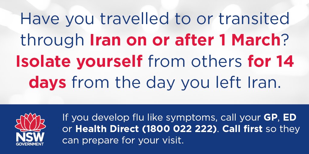 If you've travelled to or transited through Iran since 1 March 2020, you need to isolate yourself by staying at home with no visitors. If sharing your home stay in a different room, wear a surgical mask when with others, &amp; when seeking medical care. More:
health.nsw.gov.au/Infectious/fac…