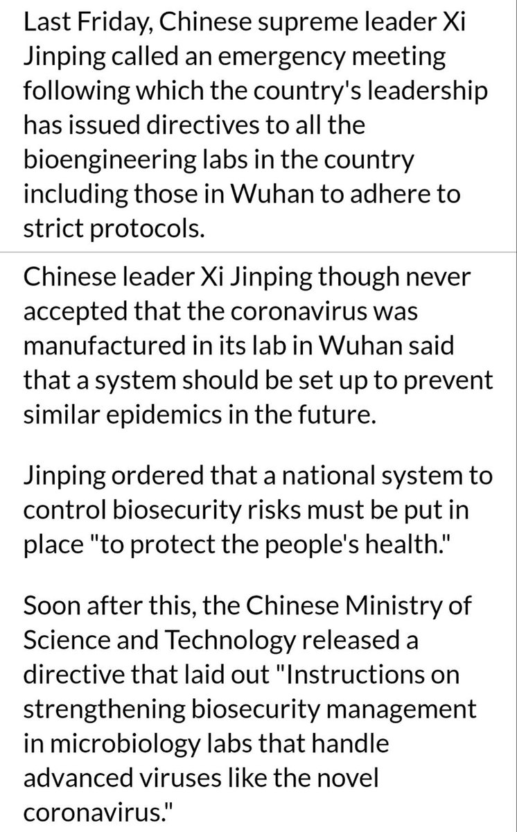 60. Admission of FUBAR? Last week, on Xi's orders:"Chinese Min. of Science & Technology released a directive..."Instructions on strengthening biosecurity mgmt in...labs that handle advanced viruses..." #SmokingGun  #ChineseChernobyl  #CoronaCoverup  https://amp.ibtimes.sg/wuhan-virus-china-may-have-just-accepted-that-man-made-coronavirus-escaped-its-biowarfare-lab-39911