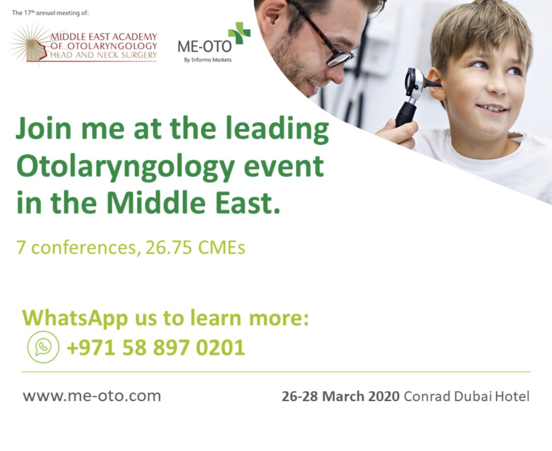 Talal_Alkhatib's tweet photo. Only few weeks left to 17th Middle East Otolaryngology Conference@ME_OTO , featuring 7 conference tracks #Otolaryngology #Rhinology #Facialplastics #Cochlearimplants #Audiology #HeadandNeck #CMEconferences and 26.75 CME credits! https://t.co/OnTfLDF3Tc…
Congress #MEOTO #Dubai https://t.co/iMENhaKGE0