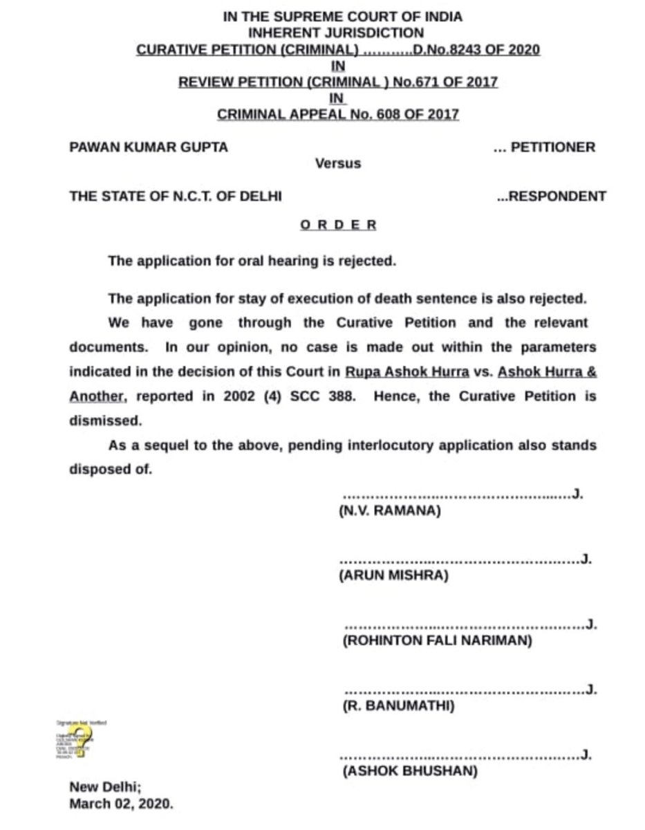 indialegalmedia's tweet photo. #SupremeCourt says, “the application to stay the death sentence is rejected & Curative is also stands dismissed.”
#PawanGupta #DeathRowConvict #NirbhayaCase https://t.co/ezSgfuG6Wd