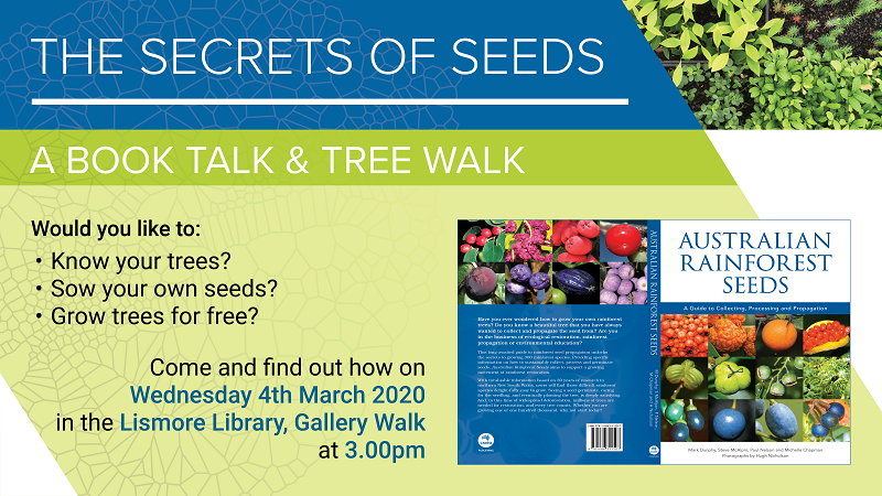 SCULibrary's tweet photo. Fancy a book talk & a tree walk this Wednesday? Come along to the #LismoreLibrary to find out more about #rainforestseeds, trees & sowing your own seeds for free. https://t.co/SRtGZrx35L
