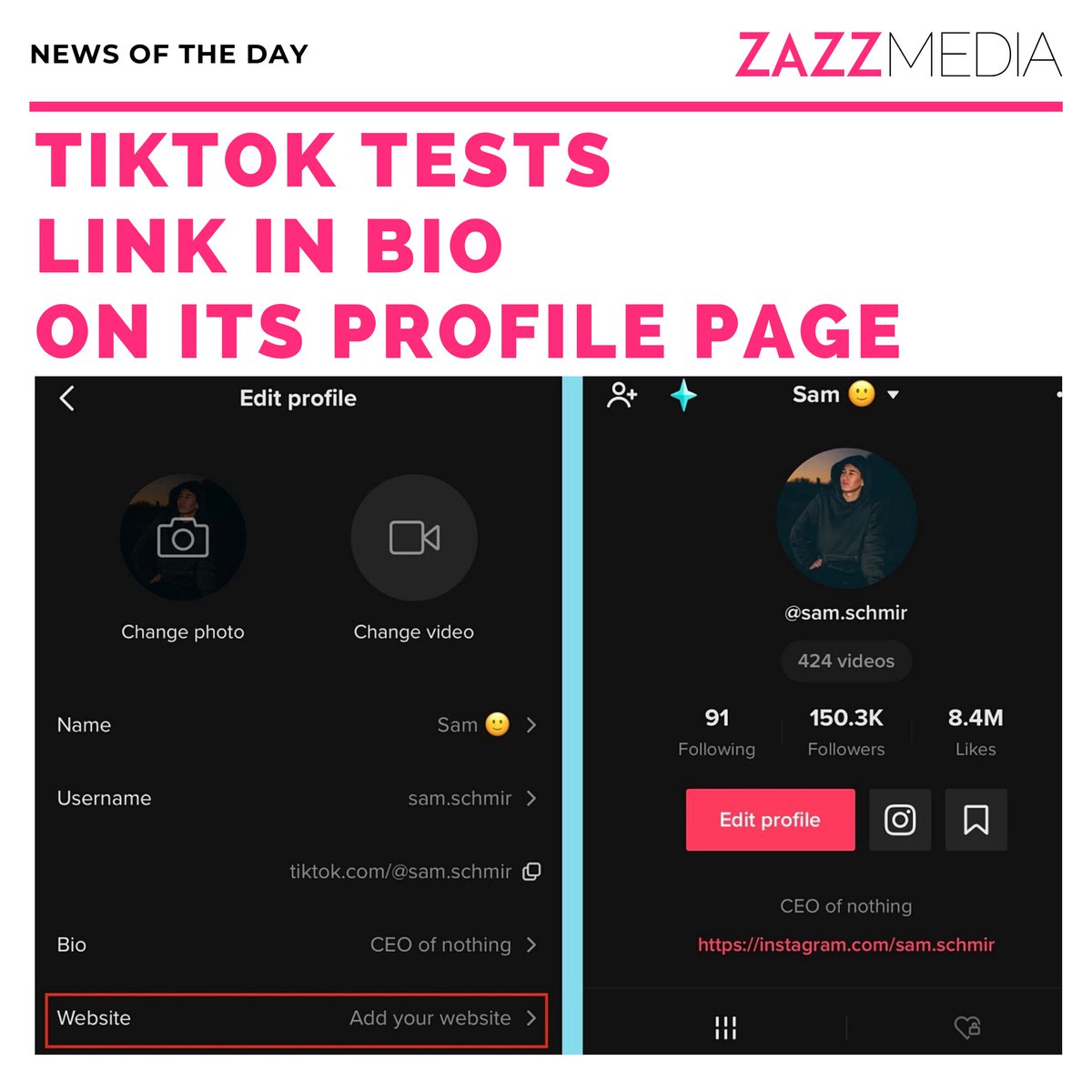 zazzmedia's tweet photo. Clickable website links on a TikTok Profile is similar to Instagram’s ‘link in bio’.

SMBs and e-commerce portals can introduce their website and reach unique users through the feature.

#ZazzMedia #NewsOfTheDay #TikTok #TikTokIndia #LinkInBio #TikTokNews https://t.co/YOSQOWe18u