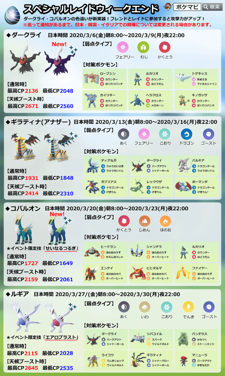 ポケモンgo攻略情報 ポケマピ スペシャルレイドウィークエンド ダークライ 色違い初 ギラティナ アナザー コバルオン 色違い初 限定技 せいなるつるぎ ルギア 限定技 エアロブラスト すべて色違いの可能性あり 日本などでの開催は