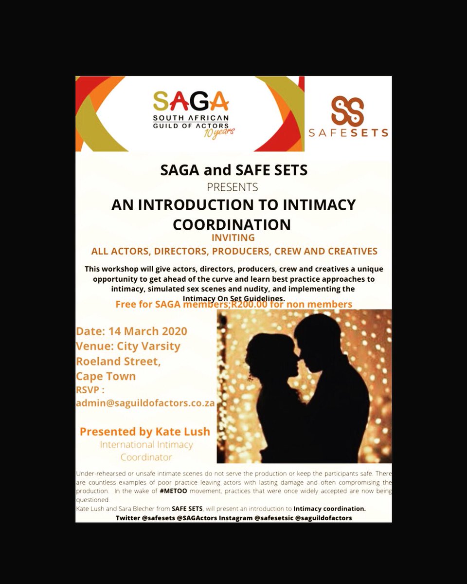 SAGActors's tweet photo. Do you to learn more about Intimacy on set? Join us on the 14th March. RSVP at admin@saguildofactors.co.za to book seat. #workshops #actorslife #JHB #CT #whatsyoursaga #iamactor https://t.co/iwDhdtSJGF