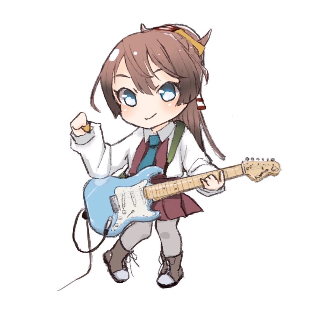 kazagumo (kancolle) 1girl solo instrument brown hair long hair guitar pantyhose  illustration images