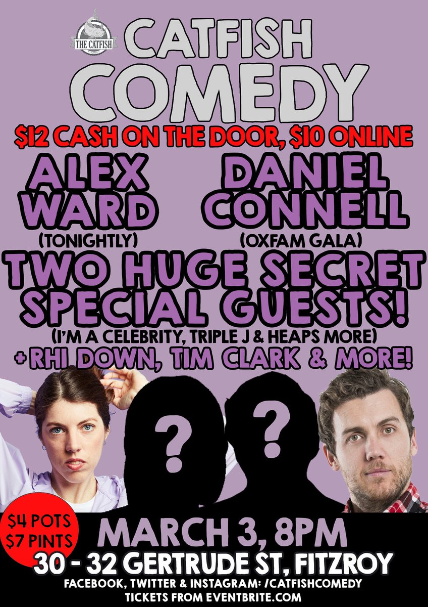TOMORROW! Sick lineup plus INSANE special guests! Don’t miss it. Doors 7:30, $12 on the door or just TEN DOLLARS ONLINE 🙏

eventbrite.com.au/e/catfish-come…