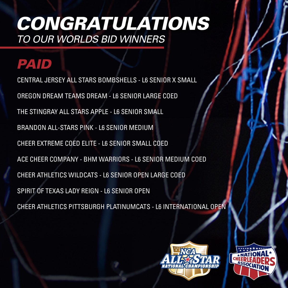 NCAupdates's tweet photo. Congratulations to our W🌎RLDS Bid Winners. We are honored to have you representing NCA + #TeamVarsity. See you in Orlando! 👋🏻 #theworkisworthit https://t.co/Jl6XZRly8y