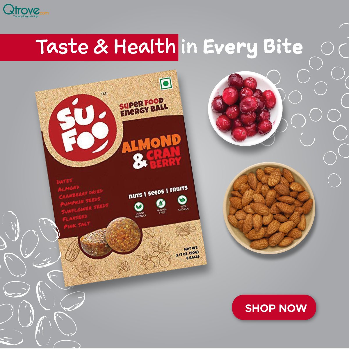 qtrove's tweet photo. A soulful mix of sweetened & dried cranberries, dates, some super seeds, and fresh almonds, this energy ball is an irresistible temptation that comes with a dose of health. ORDER NOW: https://t.co/aHNnWOYGfG #HealthFirst #HealthySnacks #ShopForGoodThings https://t.co/DYsASjLzIE