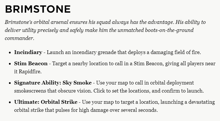 SilasLeaks's tweet photo. Valorant Character Preview: BRIMSTONE

 · Incindiary 
 · Stim Beacon
 · Signature Ability: Sky Smoke
 · Ultimate Ability: Orbital Strike

#Valorant #ValorantGame #ValorantNews #ProjectA 
@PlayVALORANT https://t.co/EvzZ48xcYX
