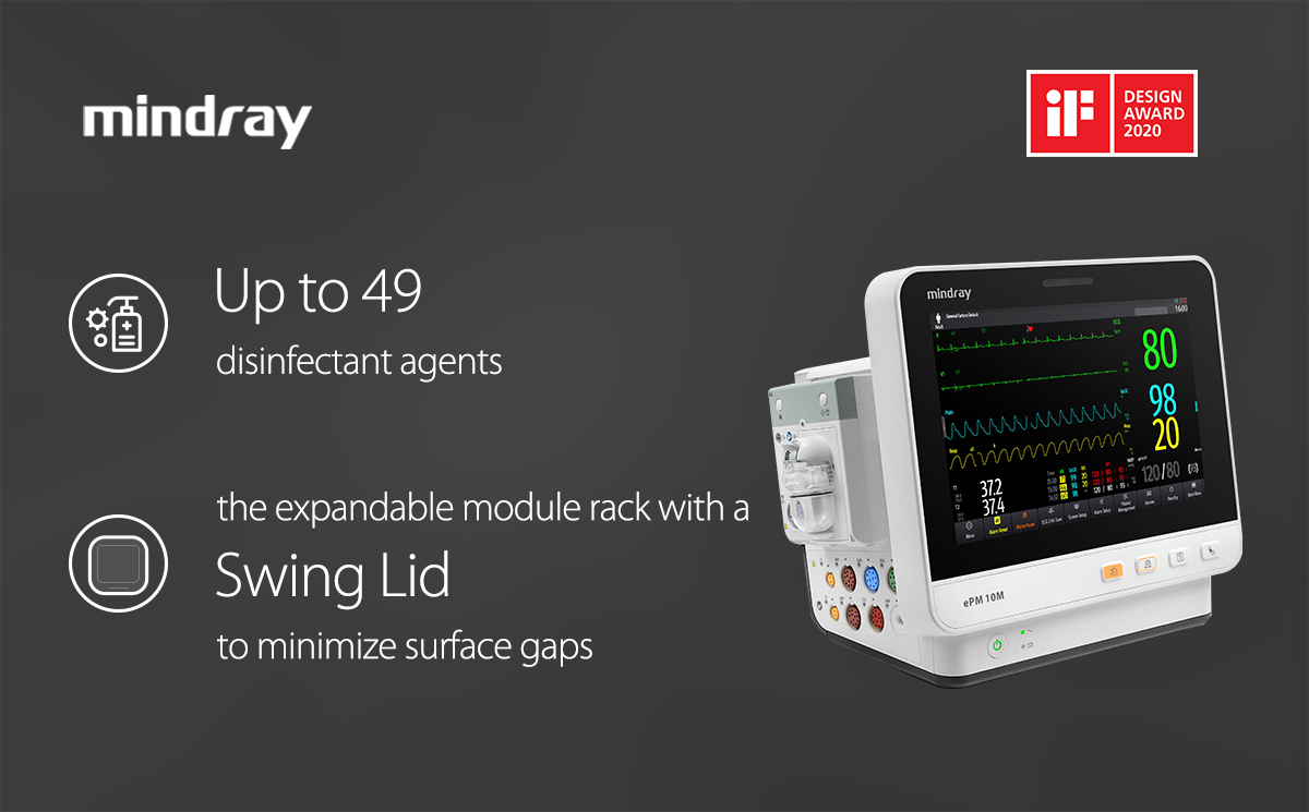MindrayGlobal's tweet photo. #AllForCleanerDevices As the iF Design Award winner, ePM Series patient monitor is designed with exterior materials resistant to up to 49 disinfectants, plus an expandable module rack with a swing lid to keep its surface gap-free and water/dustproof. https://t.co/SJ6HUUjbSy https://t.co/JyYnMChkrY