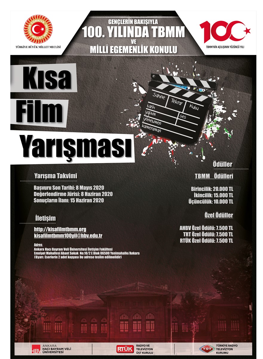 “Gençlerin Bakışıyla 100. Yılında TBMM ve Milli Egemenlik” Konulu Kısa Film Yarışması
basin.ybu.edu.tr/?p=35601 
<a href="/profdriaydinli/">Prof.Dr.İbrahim AYDINLI</a> <a href="/ybunikonsey/">AYBÜ Öğrenci Konseyi</a> 
#ÜniversitemAYBÜ