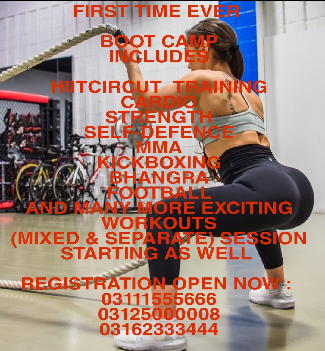 hifitness1's tweet photo. FIRST TIME EVER 

BOOT CAMP
INCLUDES

*HIITCIRCUT  TRAINING*
*CARDIO*
*STRENGTH TRAINING*
*SELF-DEFENCE*
*MMA*
*KICKBOXING*
*AEROBIC*
*BHANGRA*
*TABATHA*
*STRETCHING*
*FOOTBALL*
*AND MANY MORE EXCITING WORKOUTS* 
MIXED &amp; SEPARATE
REGISTRATION OPEN NOW : 
03111555666
03125000008 https://t.co/07O3sW0BkI