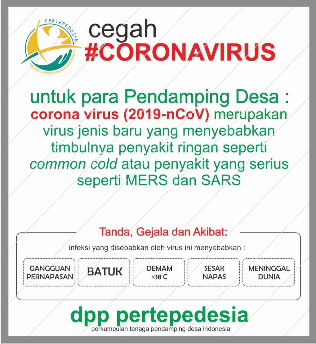 Untuk para Pendamping Desa, Ayo Cegah #CoronaVirusIndonesia, kita pasti bisa melewati masalah ini. 

Jaga kesehatan tetap bekerja siang malam mendampingi warga Desa.