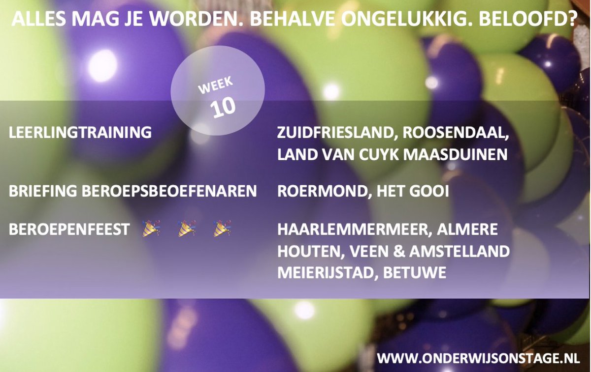 Weekagenda #vmbo #beroepenfeest voor <a href="/ZFOnStage/">Zuid Friesland On Stage</a> <a href="/RoosendOnStage/">Roosendaal On Stage</a> <a href="/LvCMOnStage/">Land van Cuijk Maasduinen On Stage</a> <a href="/RoermondOnStage/">Roermond On Stage</a> <a href="/HetGooiOnStage/">Het Gooi On Stage</a> <a href="/HaarlemmerMOS/">Haarlemmermeer On Stage</a> <a href="/AlmereOnStage/">Almere On Stage</a> <a href="/HoutenOnStage/">Houten On Stage</a> <a href="/VenAOnStage/">VeenEnAmstelOnStage</a> <a href="/MeierijOnStage/">Meierijstad On Stage</a> <a href="/BetuweOnStage/">Betuwe On Stage</a> 

Heeeel veel succes en plezier!
See you all there and then! 🎈🚙 #vmbodoetertoe