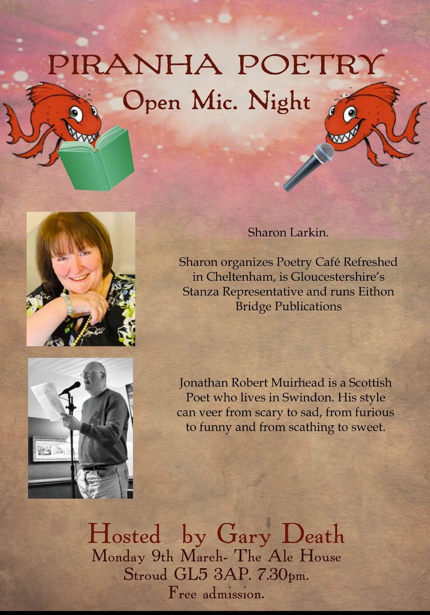 1 week today Piranha #poetry is back again at the #stroud Ale House with <a href="/SharLark/">Sharon Larkin</a> and Jonathan R Muirhead plus open mic! Poster art by <a href="/GothicalTomB/">Thomas S Brown</a>. <a href="/GoodOnPaper_/">Good On Paper</a> <a href="/HeartOfStroud/">Heart Of Stroud</a> <a href="/GWNgloswriters/">Glos Writers Network</a> <a href="/TheGloucesters1/">TheGloucestershireFarmer</a> <a href="/Nimue_B/">Nimue Brown</a> <a href="/Saffy/">Sarah Snell-Pym</a> <a href="/DearReaderPoet/">Dear Reader</a> @chopparoberts