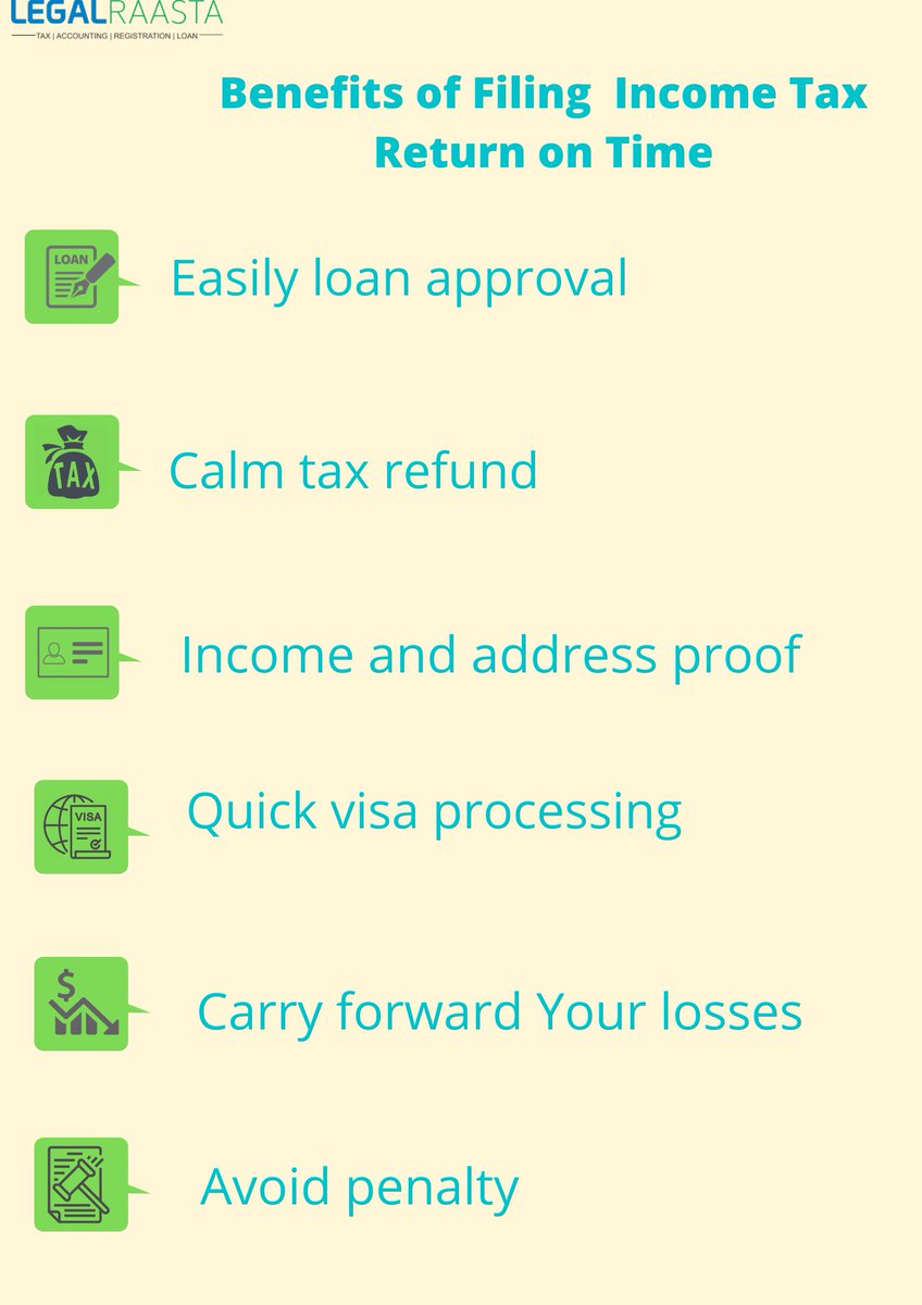 LRaasta's tweet photo. Benefits of filing an income tax return on time.
................
File Income tax return online
https://t.co/HjJcqCPLzn
...............
#incometaxreturn #tax #onlinefiling #legalraasra
.
.
Follow LegalRaasta for more details and the latest updates. https://t.co/sIWGsBzBZt