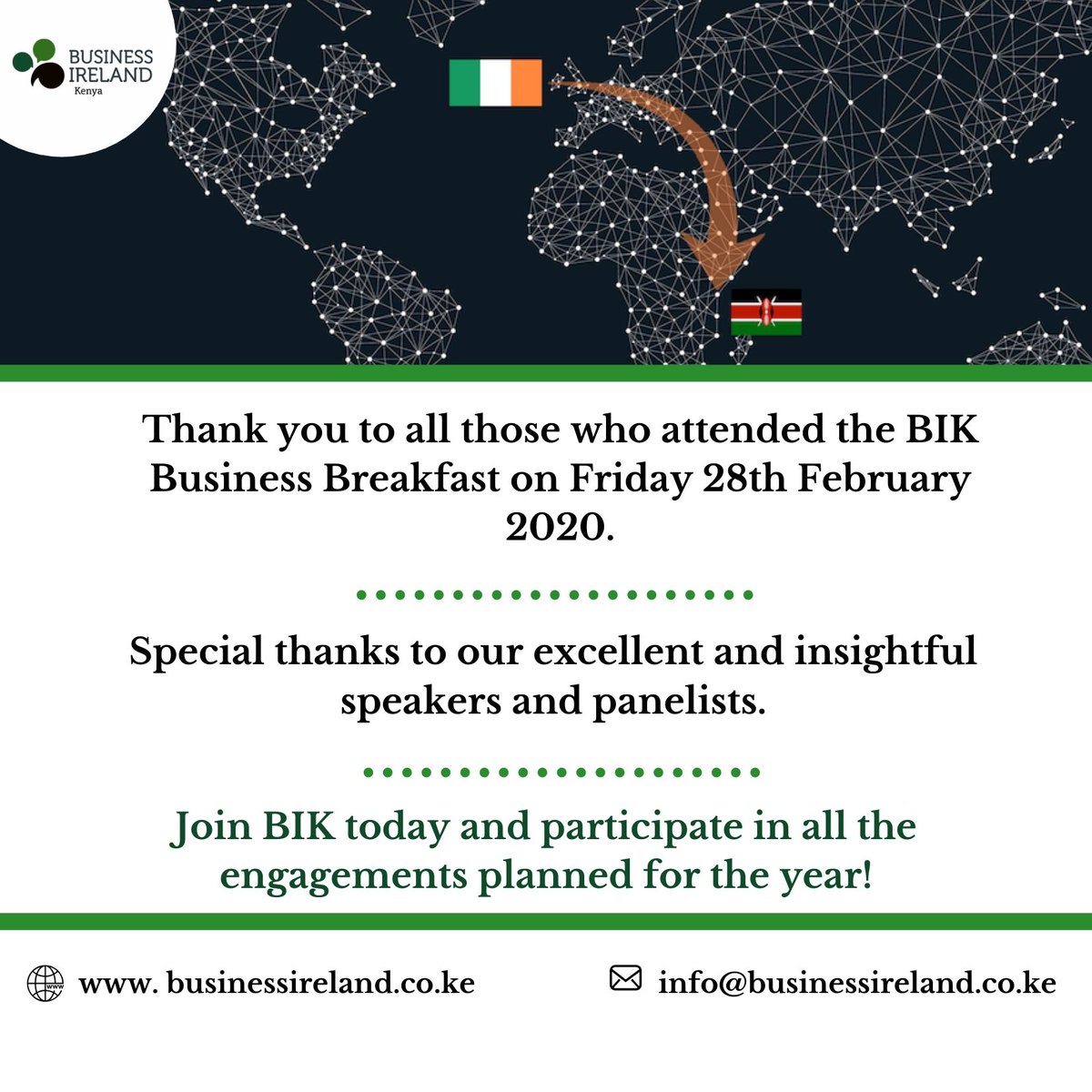 Thank you to all who attended the #BIKbreakfast 

Special thanks to our speakers & panelists from @Entirl @EUinKenya @IrlEmbKenya @insight_secure @responsemed254 @dazzjgillen @Xponentially 

Want to be part of the #BIKnetwork? subscribe today & transform 2020