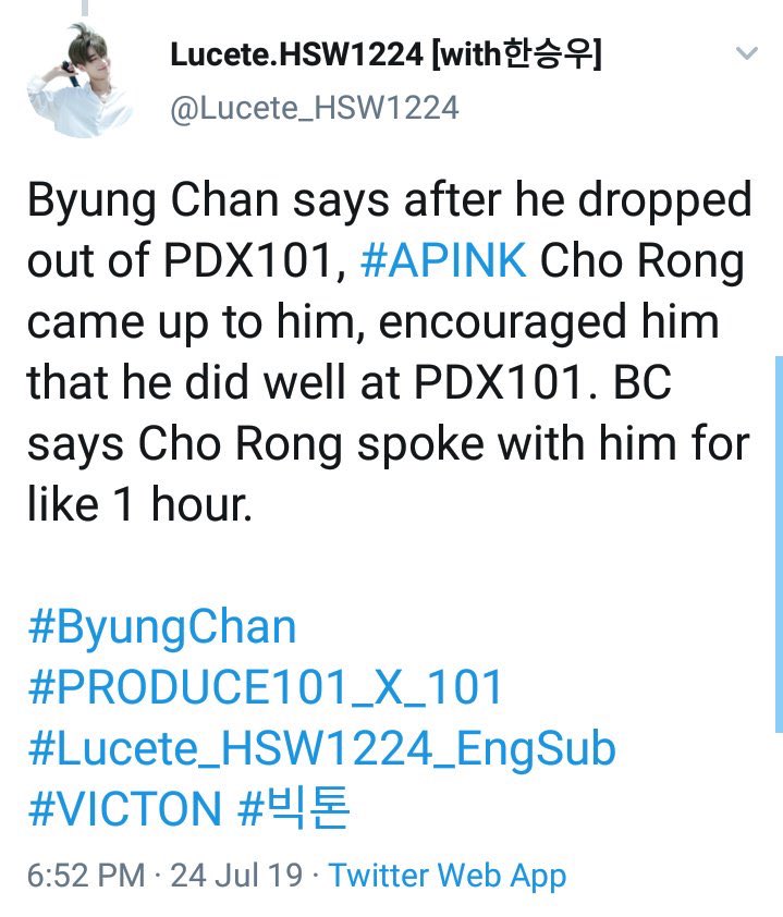 chorong encouraging victon byungchan after he dropped out of pdx101 