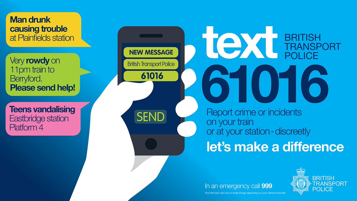 If you ever need us on your journey, remember you can discreetly send us a text message.

Just key in 61016 with what's happened and where you are. We'll be there.

#WeAreBTP 👮‍♀️