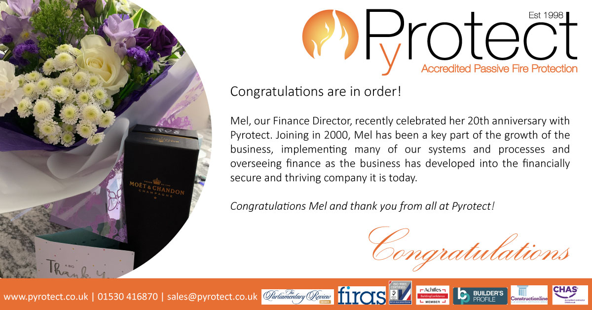 Congratulations are in order! Mel, our Finance Director, recently celebrated her 20th anniversary with Pyrotect...