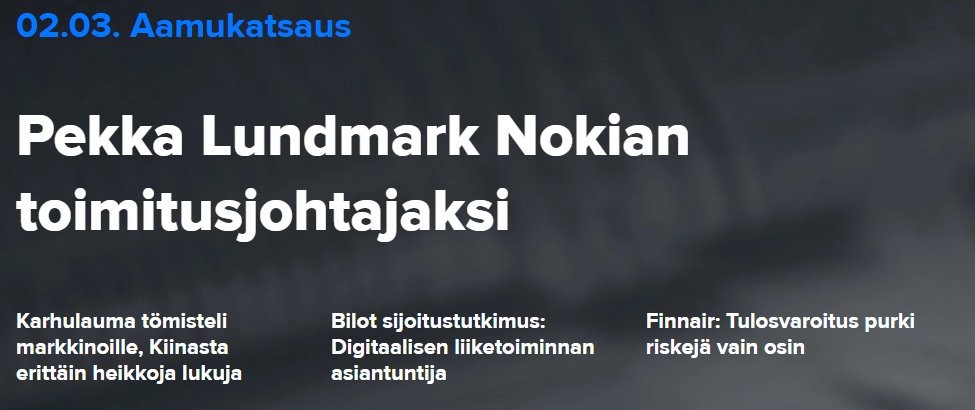 Inderes's tweet image. Hyvä alkanutta viikkoa! ☕️ Aamukatsauksessa tänään tuoreet kommentit #Nokia:n toimitusjohtajavaihdoksesta. Lisäksi mukana #Bilot-sijoitustutkimus ja päivityksissä mm. #Finnair ja #Kamux.

➡️inderes.fi/fi/aamukatsauk…