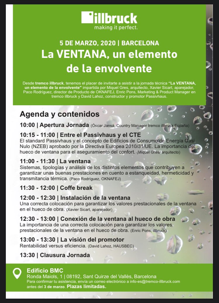 Esta semana nos vemos en la sede de @TremcoillbruckE de Sant Quirze del Valles donde hablaremos de la ventana como elemento de la envolvente, haciendo incapie en el #passivhaus te apuntas? illbruck.com/es_ES/servicio…