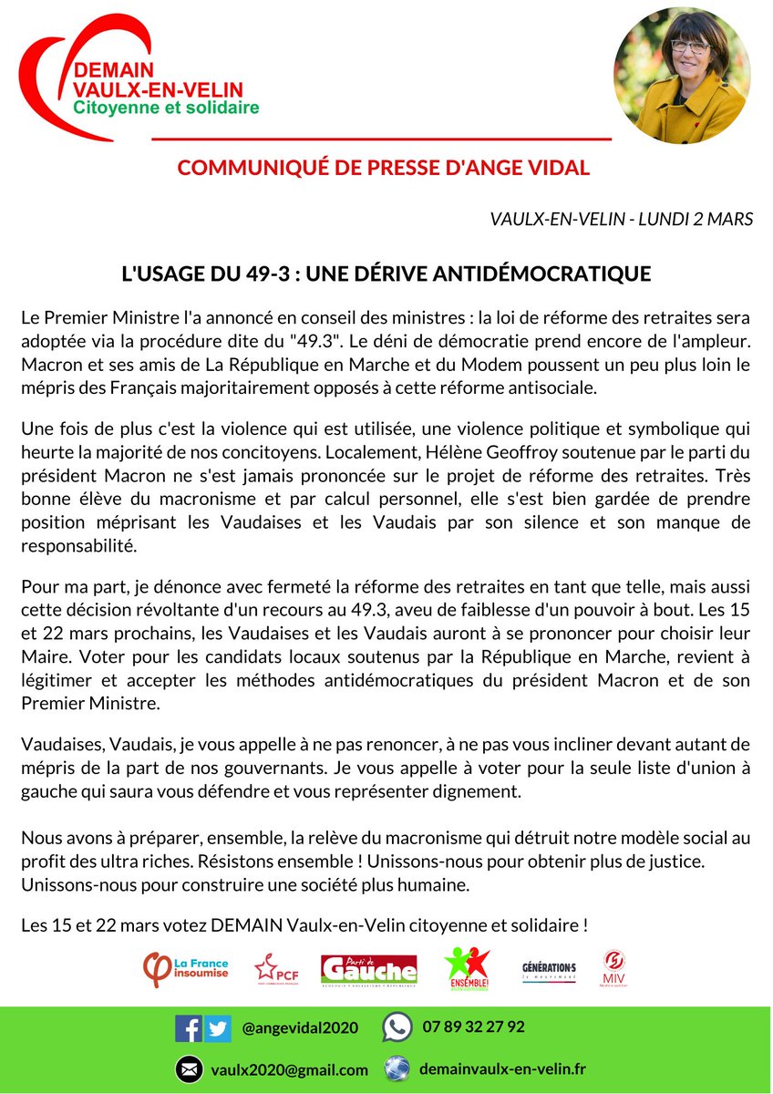 angevidal2020's tweet photo. 🔴 #Retraites : Mon communiqué de presse d’aujourd’hui suite à l’annonce du Premier Ministre du recours à l’ #Article49_3 

#demainvaulxenvelin
#citoyenne #solidaire https://t.co/vj3aDgvDOu