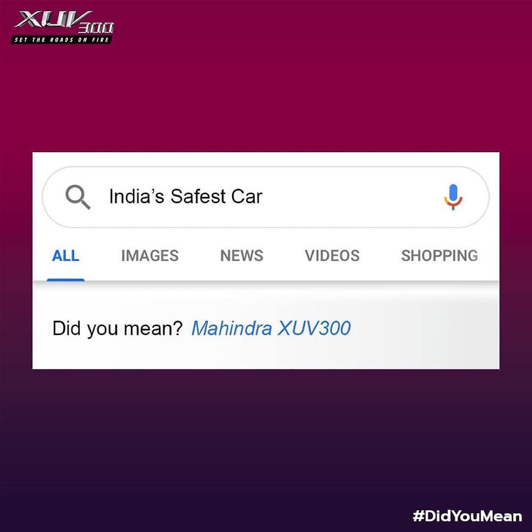 CiMahindra's tweet photo. The top search engine always shows you the safest results. Experience both safety and thrills with Indiaโs safest car, the Mahindra #XUV300
#DidYouMean
Test drive today and avail special benefits while booking.
#bhopal #drivewithci #cimahindra #ciautomotors #newcar #dreamcar https://t.co/RDSFzC76hH